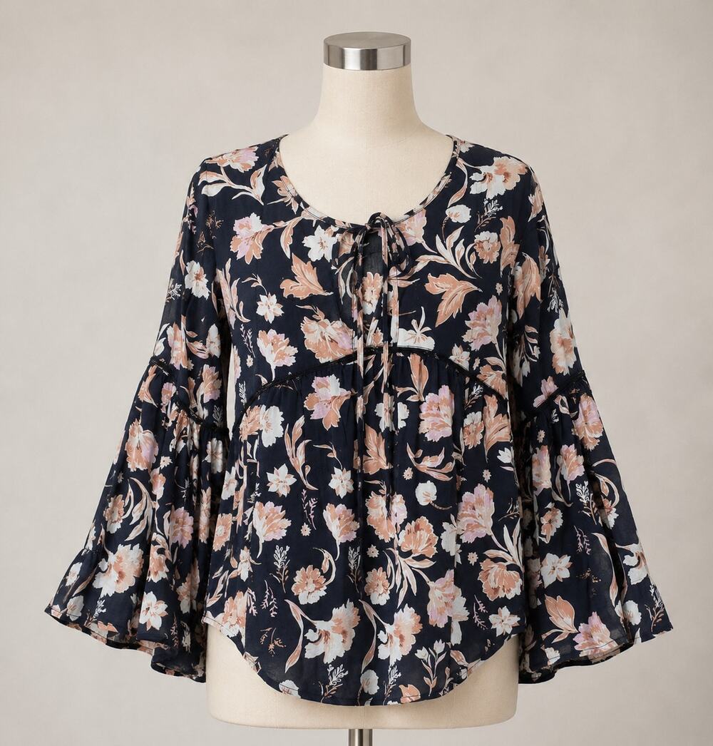 NWT Amuse Society Black Peach Pink Floral Long Bell Sleeve VNeck Boho Blouse SM